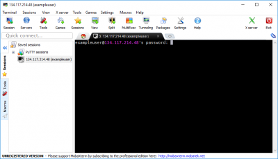 Image of the MobaXterm window, and the login prompt.