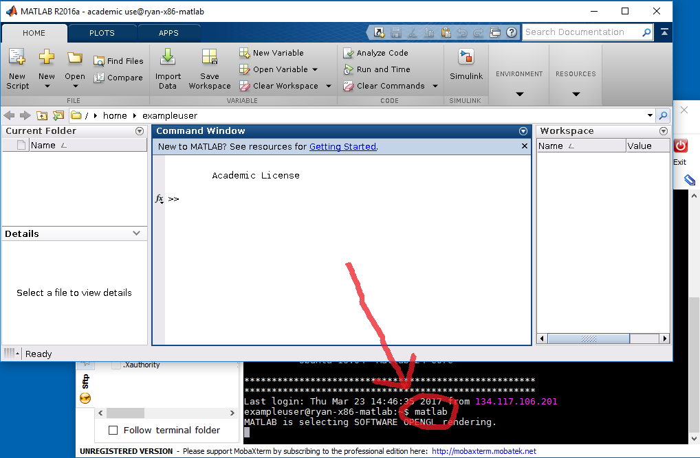 Image of the RCDC virtual machine window with an arrow pointing to the matlab command.