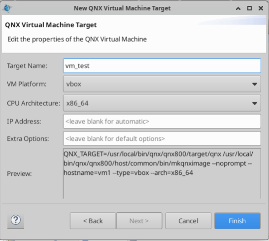 Image of the New QNX Virtual Machine Target properties page.