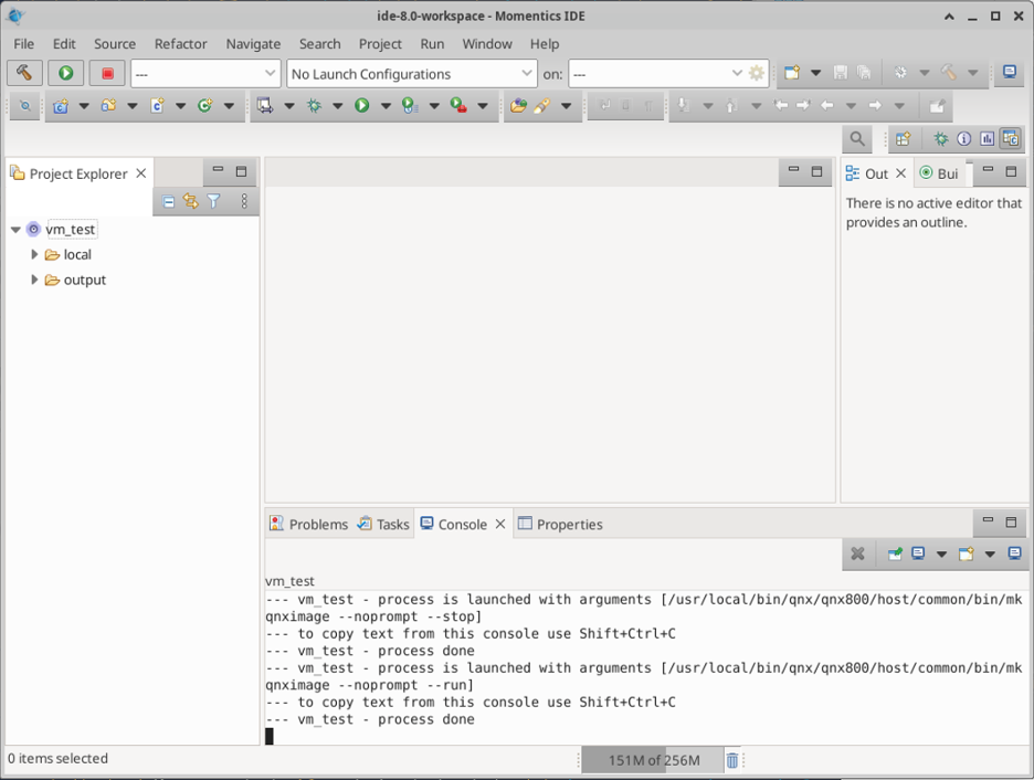 Image of the Momentics IDE screen with a correctly configured VM.
