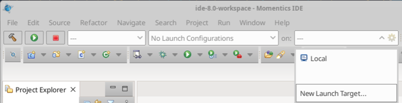 Image of the ide-8.0 Workspace Momentics IDE page, with the drop down menu to show the New Launch target option.