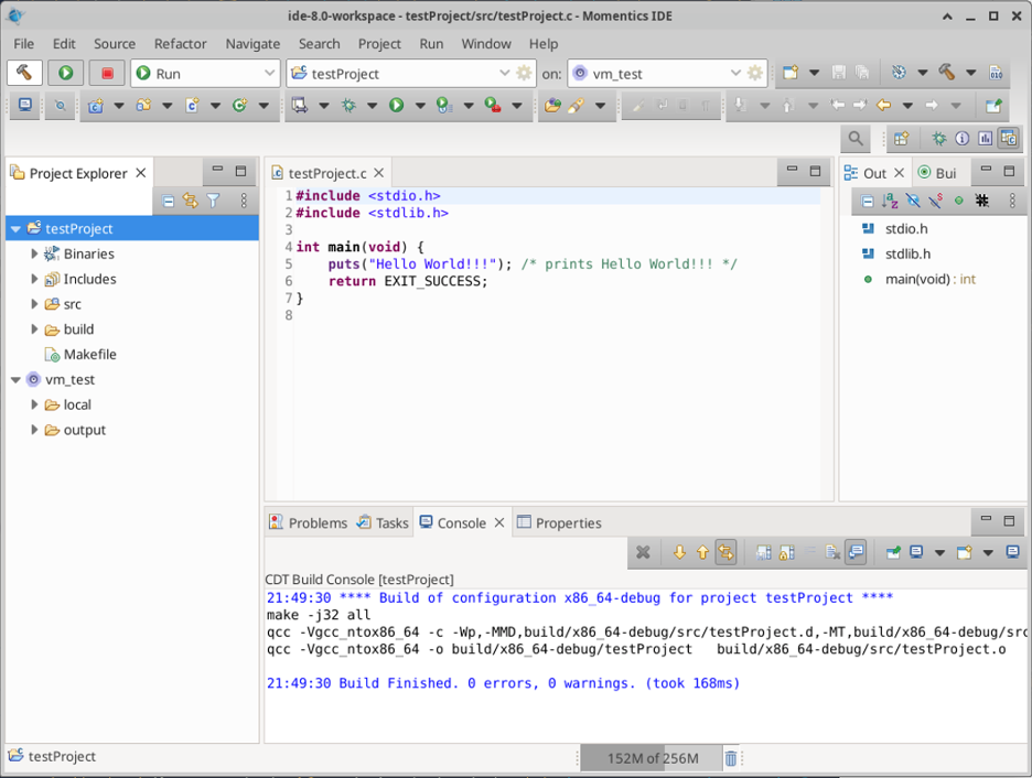 Image of the Momentics IDE window, showing the 'Build' icon, and a message in the terminal at the bottom.