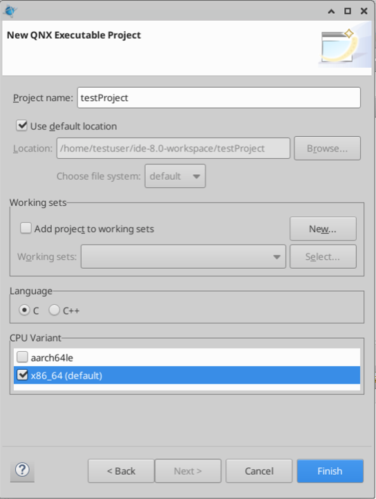 Image of the New QNX Executable Project page.