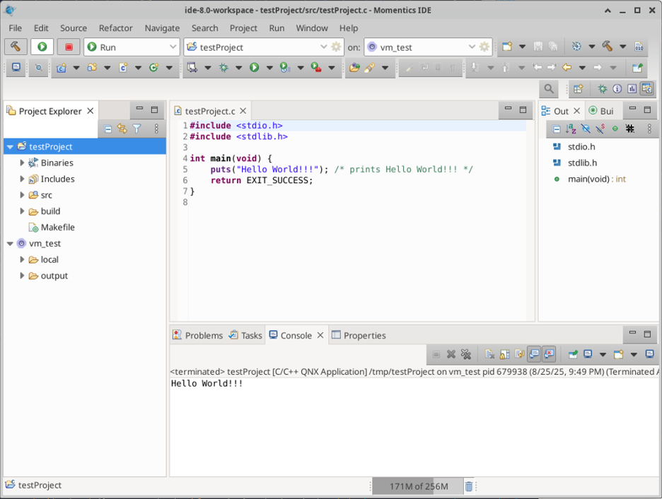Image of the Momentics IDE window, showing the play icon, and the related message in the console tab below. 