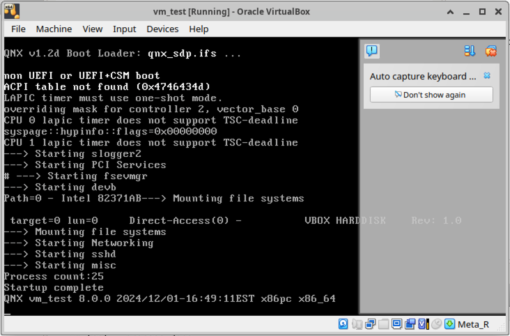 Image of the Oracle VirtualBox page after the QNX VM is created.