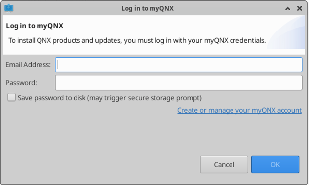 Image of the Log in to myQNX pop-up.