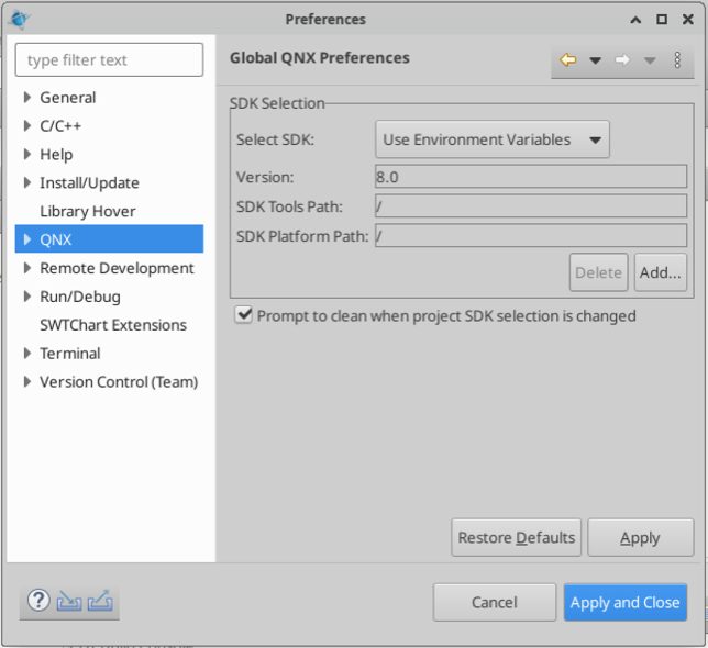 Image of the Global QNX Preferences page.