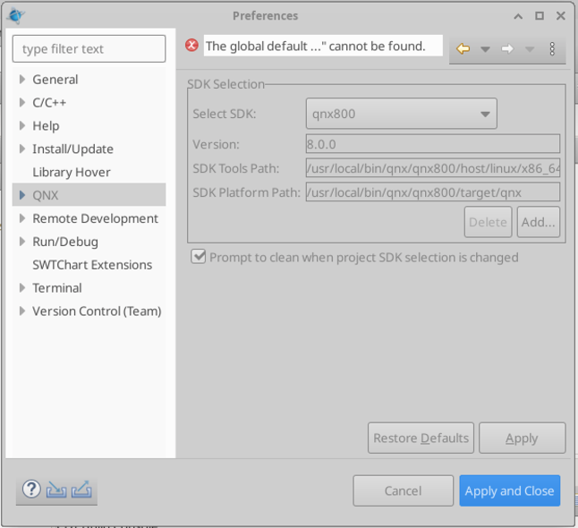 Image of the QNX Preferences page, with an error message. 