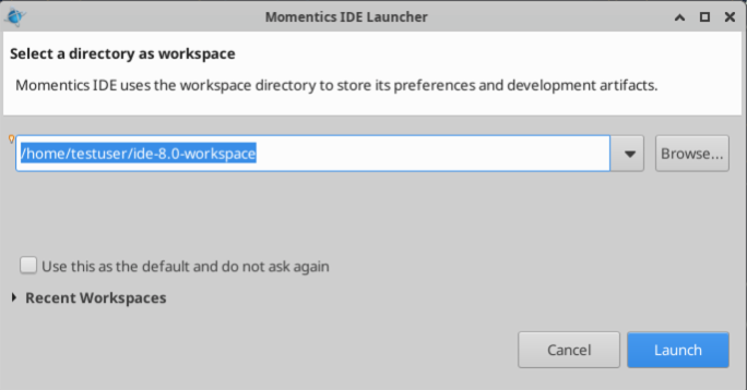 Image of the Momentics IDE Launcher page.