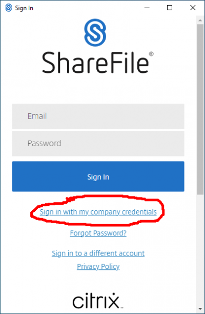Screenshot of the SFMT login page with a red circle around the 'Sign in with my company credentials" option.