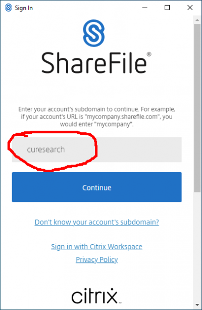 Screenshot of SFMT Login screen with the subdomain circled in red. 