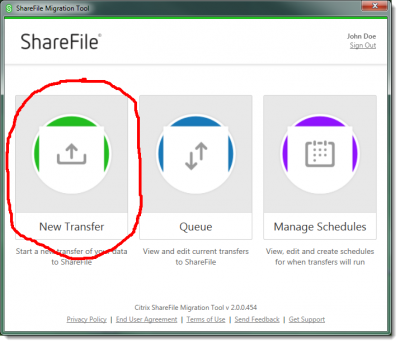 Screenshot of the Sharefile Migration Tool main menu, with a red circle around the option "New Transfer".