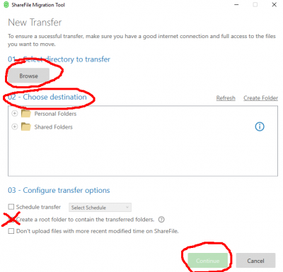 SMFT screenshot, red circles around Browse, Choose Destination. and a red X over the 'Create a root folder...; option.