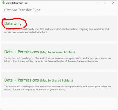 Screenshot of the SFMT 'Choose Transfer type' page, with a red circle around the 'Data only' option.