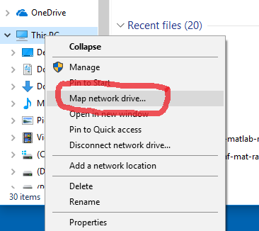 Screenshot of a menu in the File Explorer window with the Map Network Drive option circled.
