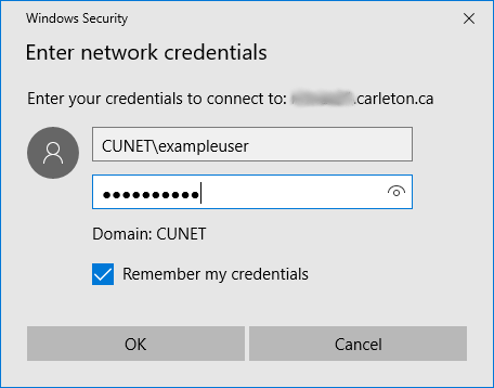 Screenshot of the window to log in with your CUNET network credentials.