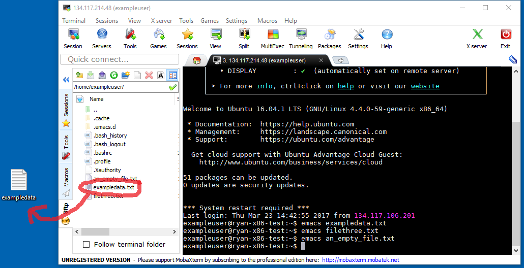 Image of the Mobaxterm window, with the SFTP tab in the left pane.