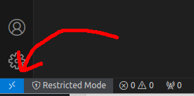 screenshot of VS Code with an arrow pointing to the Remote button.