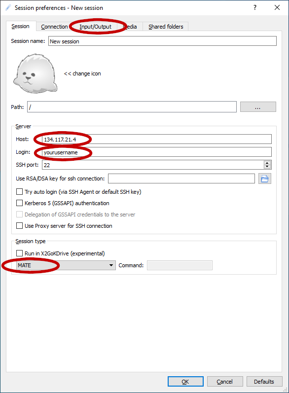 Screenshot of the Session Preferences page  with circles around key information. 