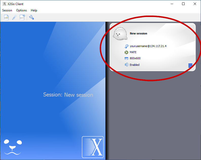 Screenshot of the X2Go Client with a red circle around the New Session.