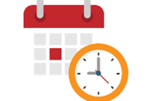 Graphic of monthly calendar with an analogue clock in front of it