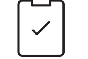 Graphic of a white clipboard with a black checkmark in the center.