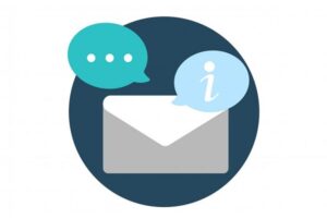 Graphic of a white envelope in a green square with a speech bubble to either side of the envelope