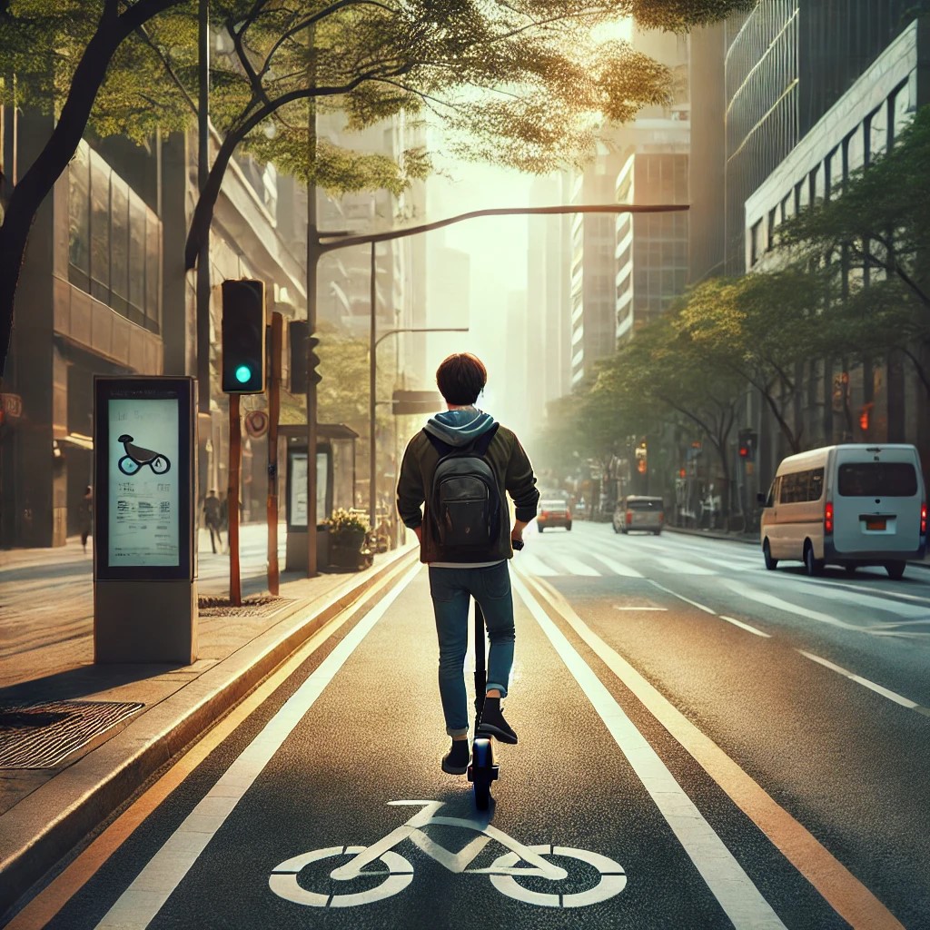 A student riding a scooter in a bike lane in an urban setting.