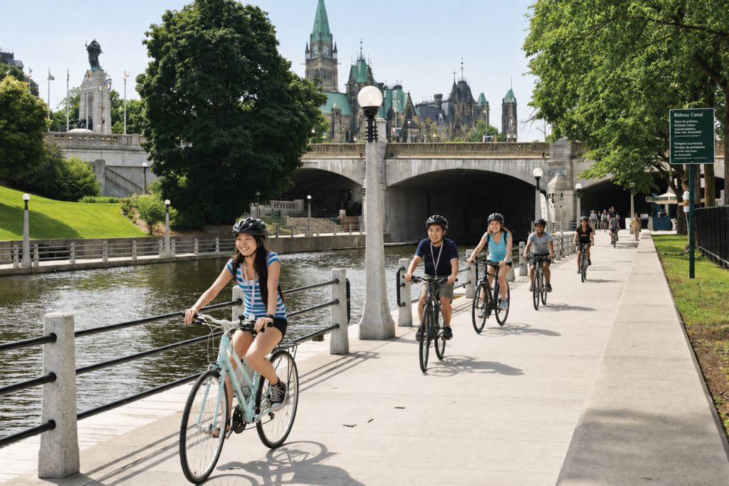 A photo depicting 5+ people riding bicycles along the Rideau Canal on a path.
