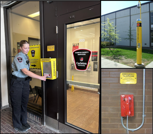 Collection of photos depicting assistance phones and a staff member using an assistance phone.