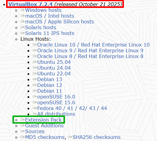Image of the download page for VirtualBox version 7.2.4