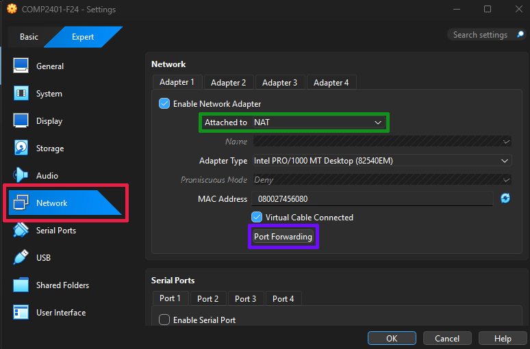 VirtualBox VM Network Settings Tab