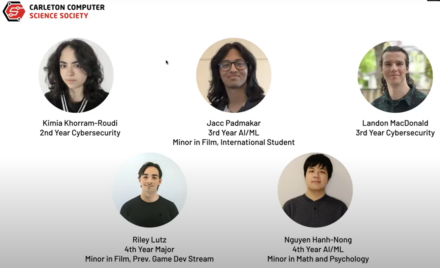 Images of Kimia Khorram-Roudi, Jacc Padmakar, Landon MacDonald, Riley Lutz, and Nguyen Hanh-Nong