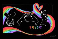 Pride Artwork Design featuring rainbow ribbon and three drawn graphics on a black background. Image on left: two hands grasped together, image in middle: two hands together forming a heart, image on right: one hand facing the right