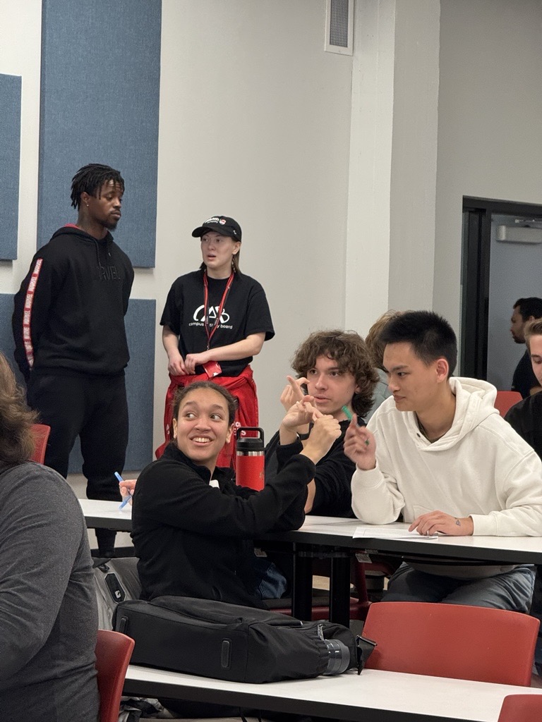 Students working on trivia question together.