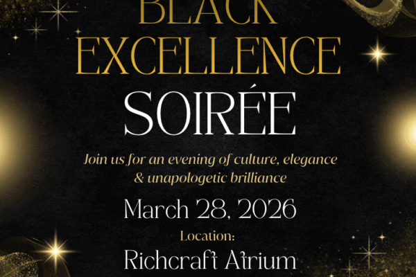 black excellence soiree poster - march 28 2026 at richcraft from 6:00pm-11:30pm. black tie dress code and afro-caribbean food