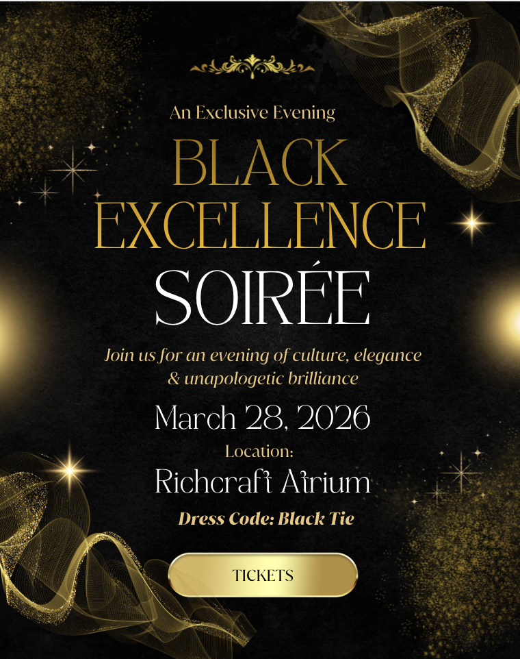 black excellence soiree poster - march 28 2026 at richcraft from 6:00pm-11:30pm. black tie dress code and afro-caribbean food