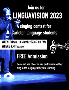 Student sings under blue light with text announcing date and time of Linguavision.  10 March, 2023 (7:00) A singing contest for language students.  Free admission