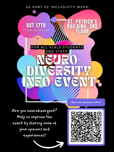 Poster for LING/ALDS 3604 Information Session on Neurodiversity and the University Classroom (event at 11:30AM on Thursday, October 17, 337 St. Patrick's Building)