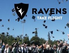 Students toss caps into air. Caption reads: Ravens take flight