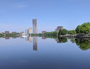 The buildings of Carleton viewed from the north side of Dow's Lake. Reflection!