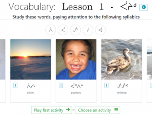Flash cards from East Cree lessons show a sunset, a boy smiling, and a duck