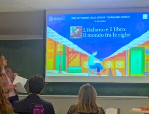 Crisitina shows her PowerPoint: L'italiano e il libro: il mondo fra le righe