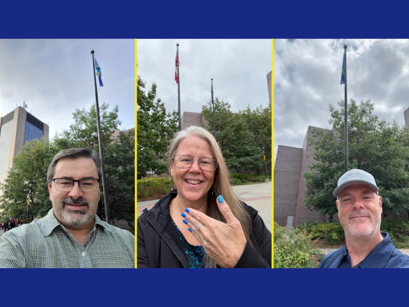 Image of three ASL instructors, Todd, Denise, and David, in front of the World Federation of the Deaf (WFD) flag