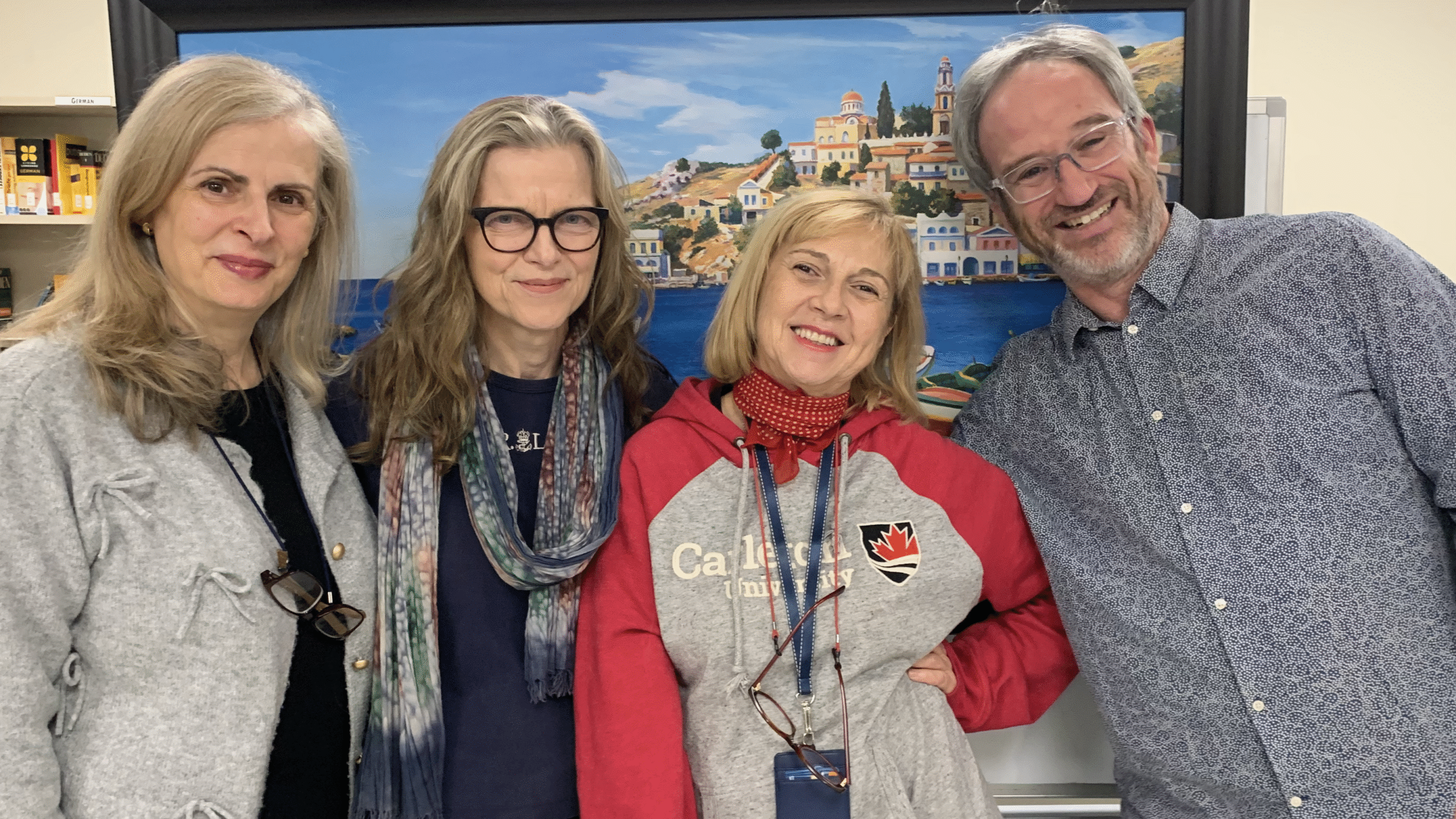 Italian language instructors Claudia Rocca, Cristina Trevisan, and Marcella Marceddu with Mike Barker