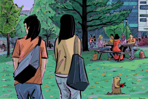 Drawing of the academic quad, with people walking around (drawing by Colin White)