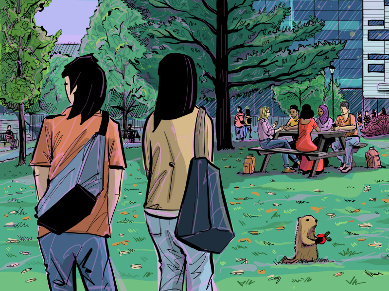 Drawing of the academic quad, with people walking around (drawing by Colin White)