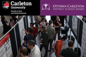 Image of conference in Richcraft Hall, with logos for the Faculty of Arts and Social Sciences and the Ottawa-Carleton District School Board