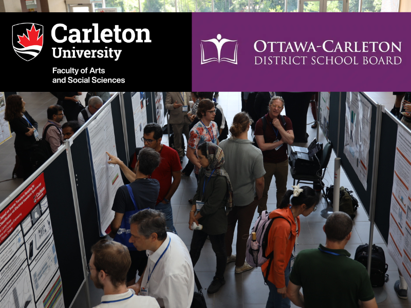 Image of conference in Richcraft Hall, with logos for the Faculty of Arts and Social Sciences and the Ottawa-Carleton District School Board