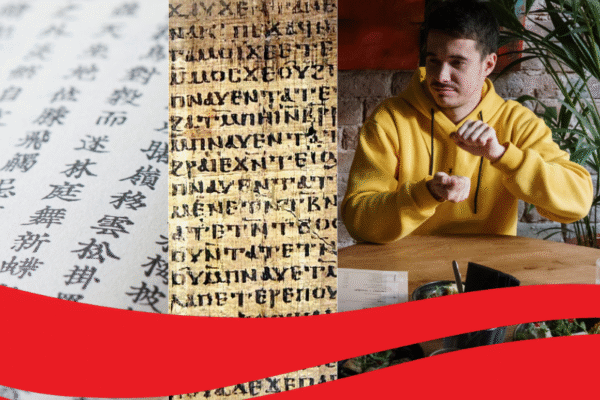 From left to right: Japanese writing, Sahidic Coptic script, and an image of a person doing ASL